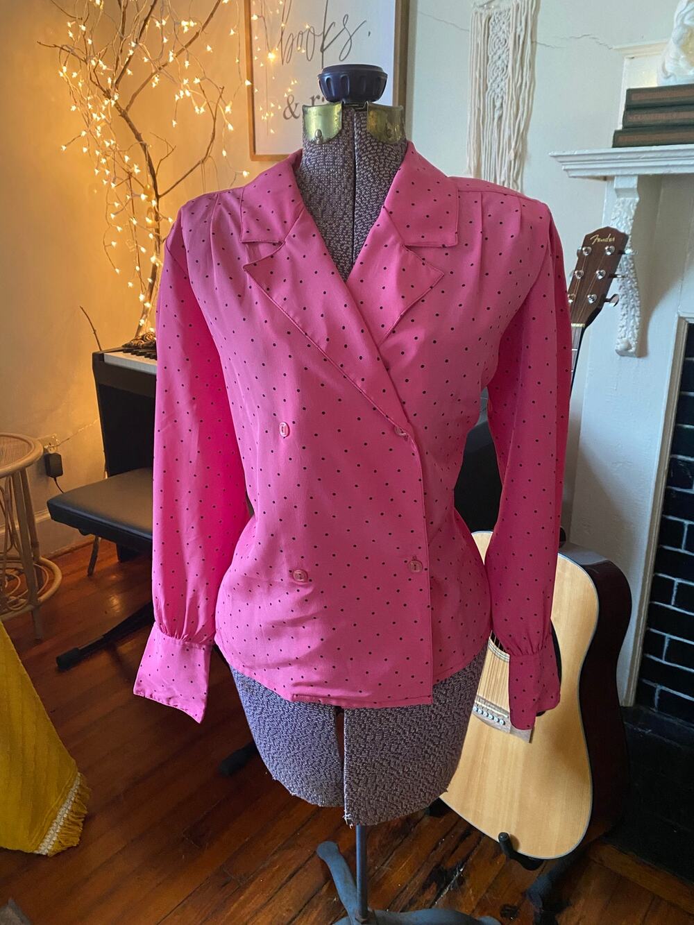 Shapely Pink and Black Polka Dot Button Up Blouse Vintage 80s Size 12